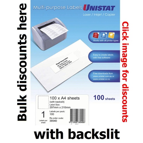 Labels  1up Copier Laser Inkjet box 100 Unistat 38940 297x210mm A4 back slit 