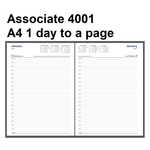 Diary 2027 Associate 4001.V99-27 A4 Day to page BLACK PVC 8am - 6pm 1/2 hourly Debden 