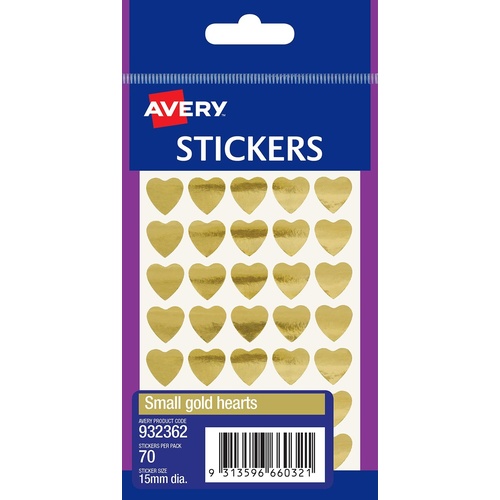 Label Flatpack Small Gold Hearts 15mm Blister Pack 70 Avery 932362