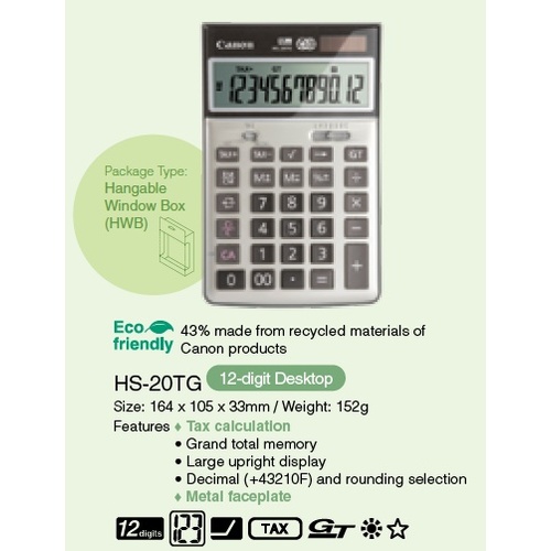 Calculator 12 digit Canon HS-20TG Desktop canon Dual Power recycled top and bottom