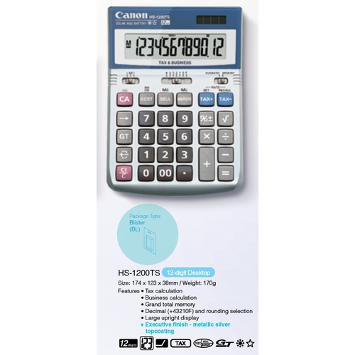 Calculator 12 digit Canon HS-1200TS DeskTop Battery & Solar Solar & Battery