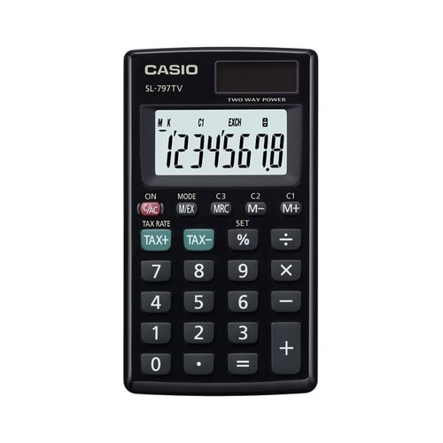 Calculator  8 digit Casio SL797TVBK Pocket Large, easy-to-read display. Tax calculation and currency conversion functions