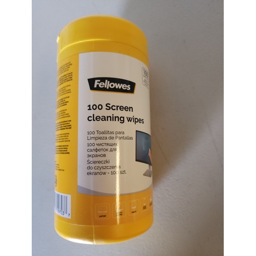 Screen Cleaning Wipes Non Streak Tub 100 biodegradable Fellowes 99703 