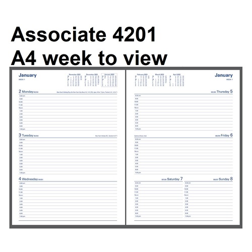 Diary 2027 Associate 4201.V99-27 A4 week WTO BLACK PVC 8am - 7pm, 1 hourly Debden 