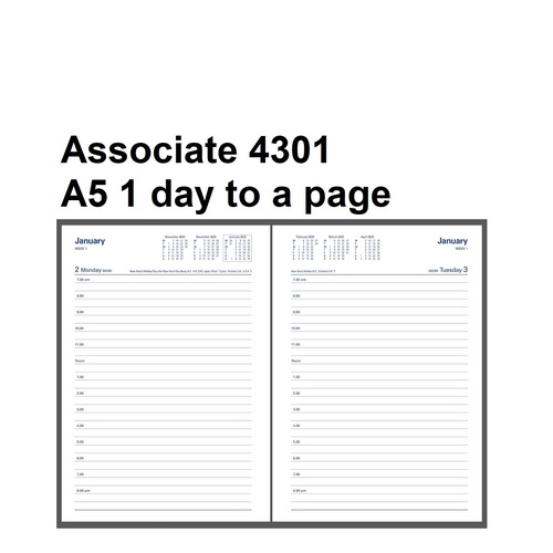 Diary 2027 Associate 4301.V99-27 A5 1 Day to page BLACK PVC 4301V99 7am - 8pm, 1/2 hourly Debden 