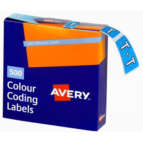 Labels Side Tab Letter T box 500 Avery 43220 25x38mm Colour Coding