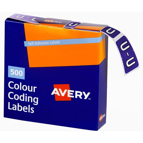 Labels Side Tab Letter U box 500 Avery 43221 25x38mm Colour Coding
