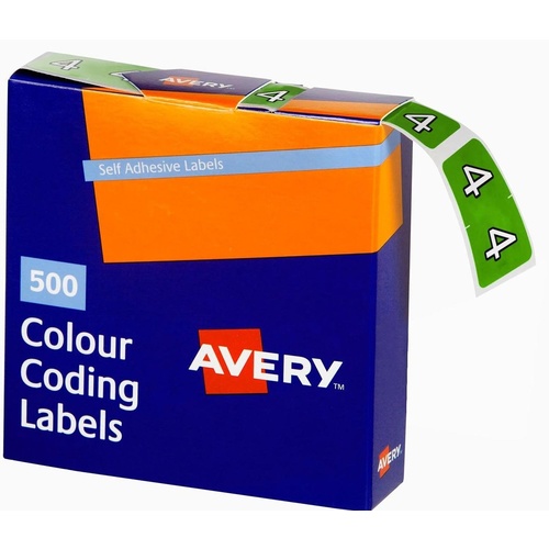 Labels Side Tab NUMBER #4 box 500 Avery 43244 25x38mm Colour Coding