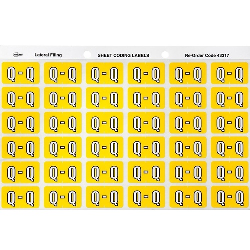Labels Side Tab Letter Q box 180 Avery 43317 25x38mm Colour Coding YELLOW 9313596433178