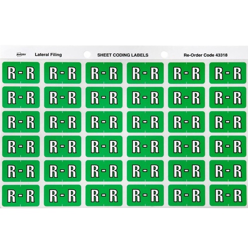 Labels Side Tab Letter R box 180 Avery 43318 25x38mm Colour Coding