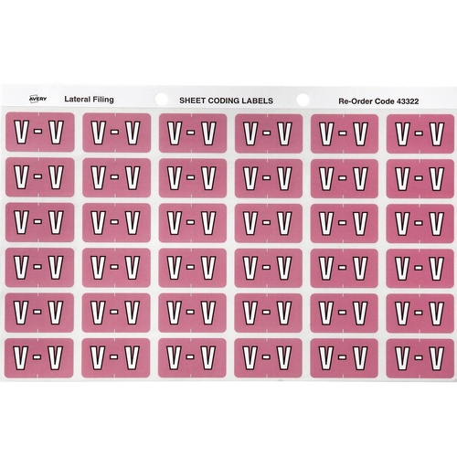 Labels Side Tab Letter V box 180 Avery 43322 25x38mm Mauve Colour Coding