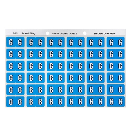 Labels Side Tab NUMBER #6 box 180 Avery 43346 25x38mm Colour Coding
