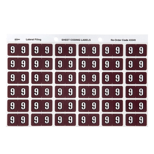 Labels Side Tab NUMBER #9 box 180 Avery 43349 25x38mm Colour Coding