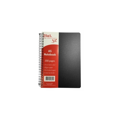 Notebook A5 210x148mm 200 Page Black pack 5 STAT 100 leaf 60gsm 7mm ruled PP cover PolyProp