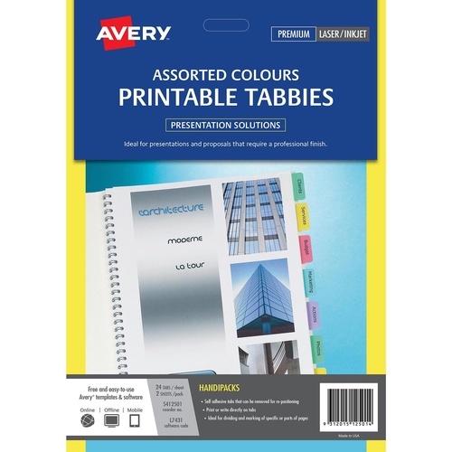 Printable Tabbies A4 Avery 48 Coloured Tabs L7431 Avery 5412501 - pack 48