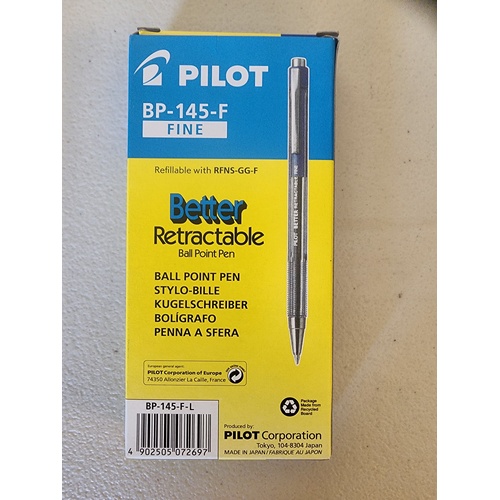 Pen Pilot Ballpoint BP145F Fine Blue Box 12 RT BP Retractable 623252