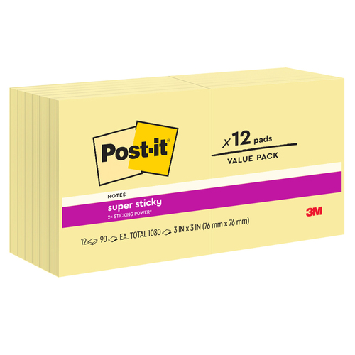 Post It Note  76x 76 x12 654-12SSCY pack 12 Canary Yellow Super Sticky #XP006002016 90 sheet pads 7012610347