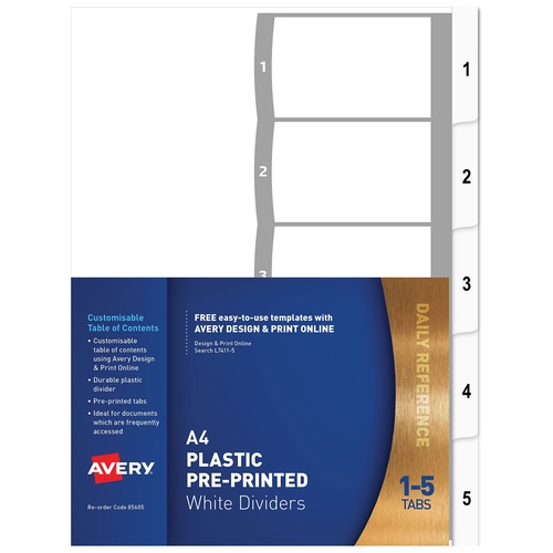 Dividers A4 5 TAB PP L7411-5 Laser Inkjet 85605 White 