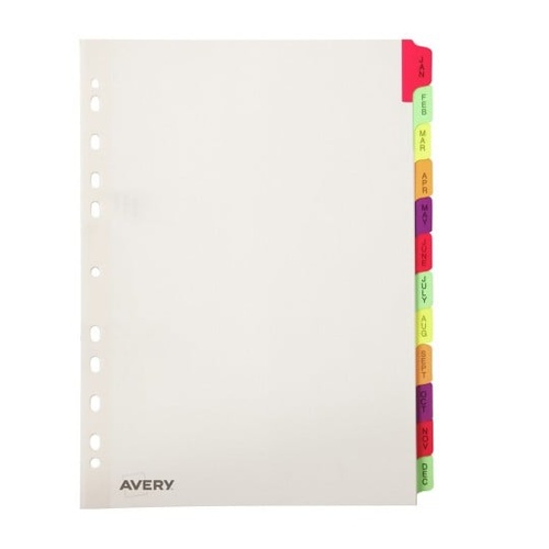 Dividers A4 Avery Mylar White January to December Index Fluoro Tabs 85713 Pre-printed Dividers, Jan-Dec Tabs