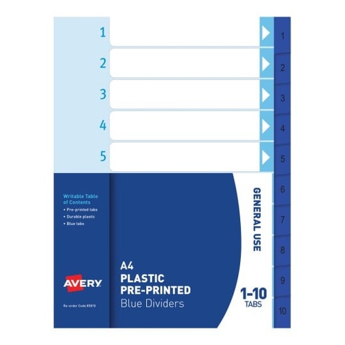 Dividers Numerical A4 1-10 Avery 85810 Blue Tabs Polyprop 