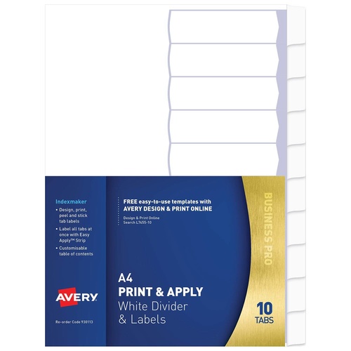Dividers 10 Tab Print & Apply 930113 L7455 Laser Inkjet Punched White Clear Avery Manilla board with clear label tabs ** Only stocked in QLD
