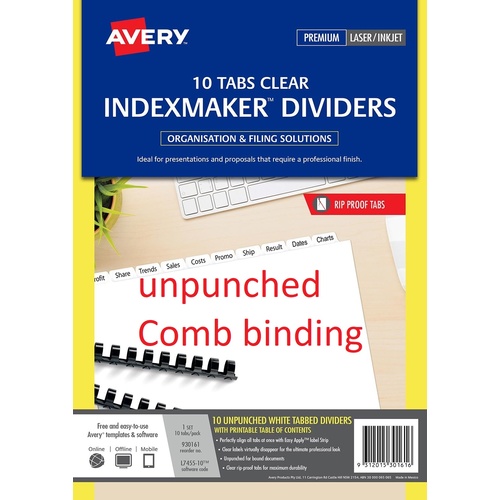 Dividers A4 10 Tab Avery 930161 Print & Apply L7455 Laser Inkjet unpunched White Clear Manilla board with clear label tabs