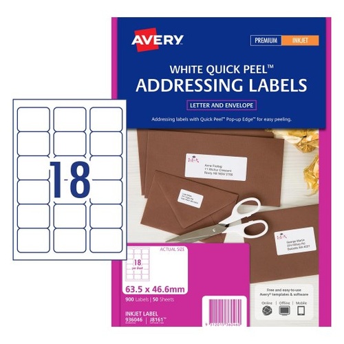 Labels 18up Avery J8161 pack 900 InkJet 936046 White Permanent Quick Peel