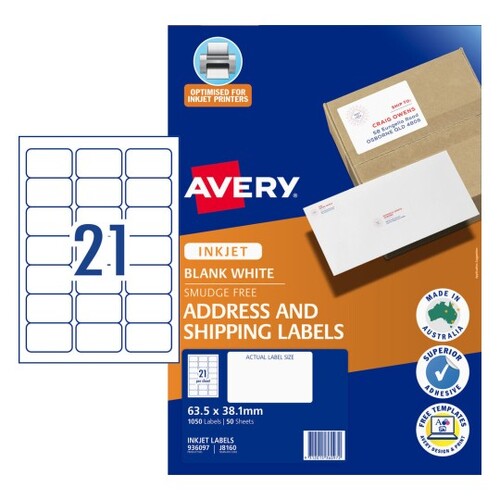 Labels 21up InkJet J8160 Avery 936097 White 63x38 Permanent 1050 labels 50 sheets A4