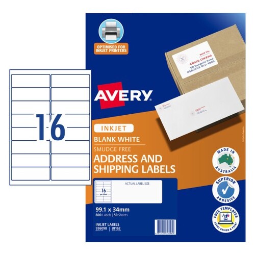 Labels 16up Inkjet J8162 White 99x34mm 936098 800 Permanent labels 50 sheet pack Sure Feed Quick Peel
