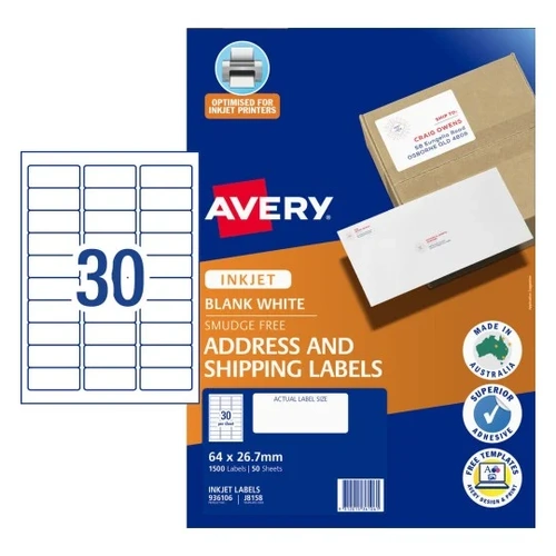 Labels 30up InkJet J8158 Avery 936106 box 50 White Permanent Quick Peel Address Labels with Sure Feed 64 x 26.7 mm, Inkjet, Permanent