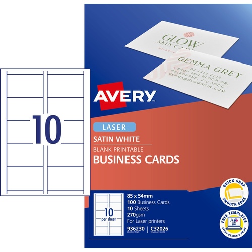 Business Cards 85x54 Satin Avery 936230 C32026 100 cards 10 sheets for Laser Printer