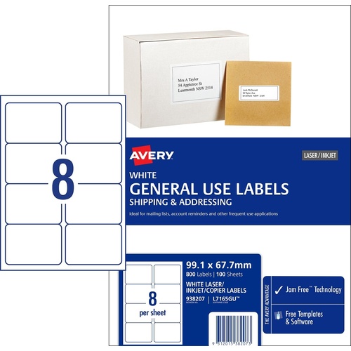 Labels  8up box 800 Avery 938207 99.1x67.7mm White General Use Avery Labels inkjet copier laser