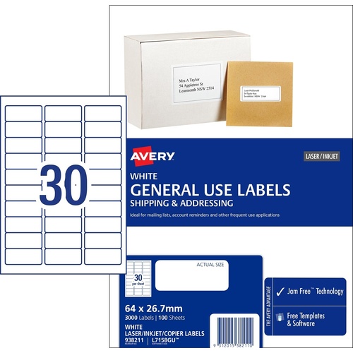 Labels 30up box 3000 Avery 938211 64x26.7mm White General Use Avery Labels inkjet copier laser