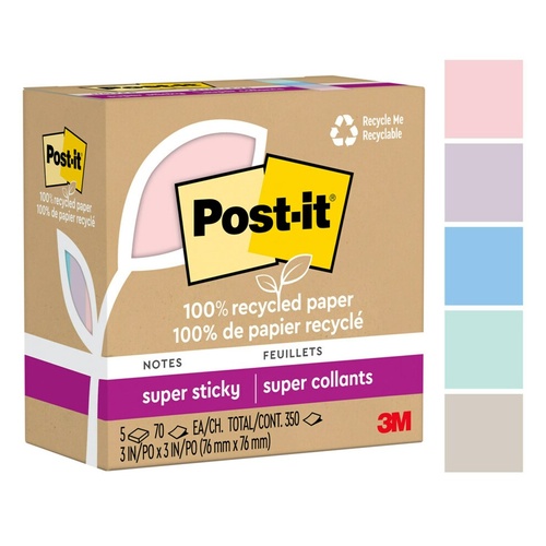  Post It Note  76x 76 654R-5SSNRP PACK 5 Recycled Pastel WANDERLUST #7100290313