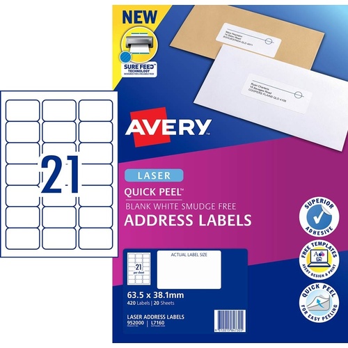 Labels 21up Laser L7160 White 63x38 952000 Avery Permanent 420 labels ON 20 SHEET PACK
