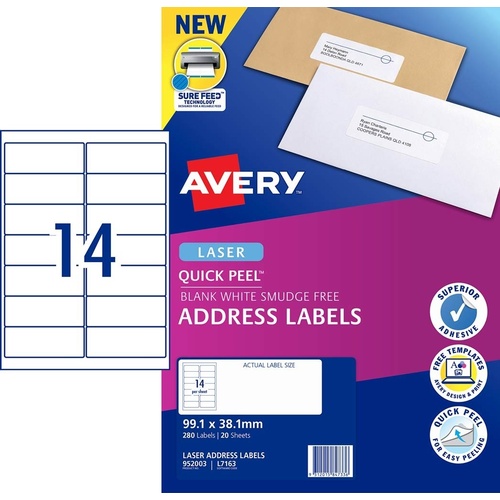 Labels 14up Laser 99x38 Avery L7163 952003 Permanent box 20 sheets 280 white labels