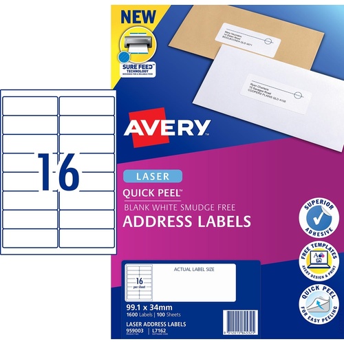 Labels 16up Laser L7162 White 99x34 959003 permanent 1600 labels 100 sheets A4