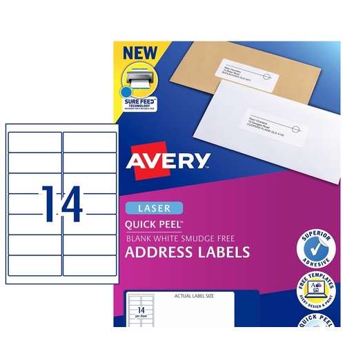 Labels 14up Laser 99x38 Avery L7163 959004 Permanent box 100 sheets 1400 white labels