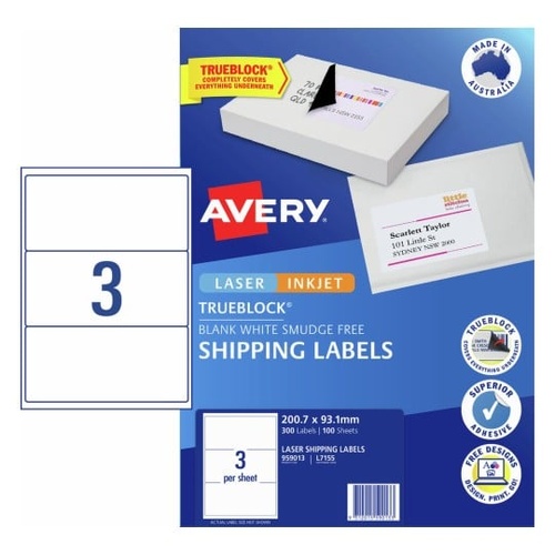 Labels  3up Laser Inkjet Avery 959013 box 100 L7155 White Shipping Labels with Trueblock 200.7 x 93.1 mm