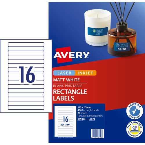 Laser Inkjet Video Spine Labels 16up Avery 959024 400 White Permanent L7674 no longer stocked, Can only be ordered in packs of 5
