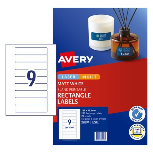 Labels  9up Laser Inkjet Avery 959034 L7667 box 25 133x29.61mm SPECIAL ORDER ITEM, SOLD LOTS OF 5 PACKS.