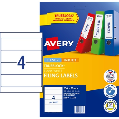 Labels Lever Arch Spine Laser InkJet Avery 959035 box 25 sheets 4 per sheet white L7171