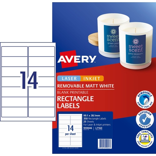 Labels 14up Laser Inkjet 99x38 Avery L7163REV 959046 Removable WHITE box 25 sheets 350 labels