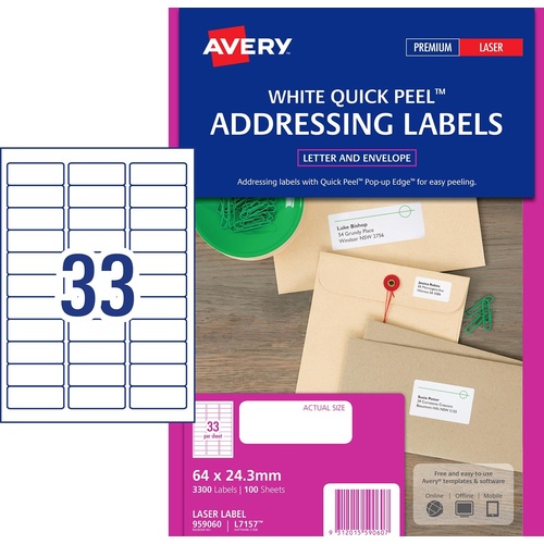 Labels 33up Laser White 64x24.3mm L7157 Avery 959060 box 100 Avery 