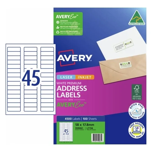 Labels 45up Laser InkJet L7156 Avery 959061 box 100 White Premium Address Labels with AveryEco™ 58x17.8 mm, Permanent