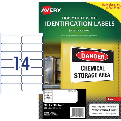 Labels 14up Laser Avery L7063 959063 White Heavy Duty 25 sheet pack is 350 Permanent labels 99.1x38.1mm