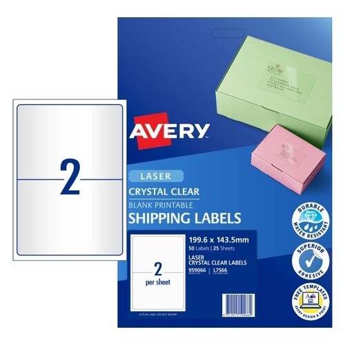 Labels  2up Laser L7566 Avery 959066 CLEAR box 25 sheets = 50 labels