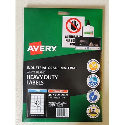 Labels 48up Laser L4778 Heavy Duty WHITE 959070 Avery Extra Strong Permanent 1200 Labels on 25 Sheets