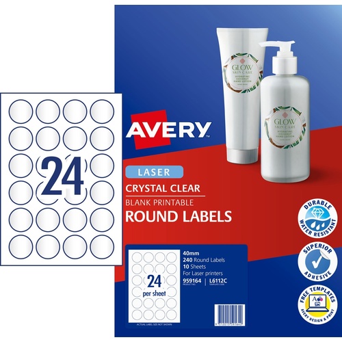 Labels Round 40mm Clear Avery 959164 L6112C 10 sheets Laser 24up x240 labels