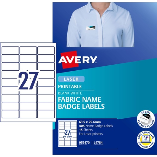 Name Badge Fabric Labels 27 Per Sheet  Avery 959170 Pack 15 sheets (405) Laser Labels Badges  29.6 x 63.5mm